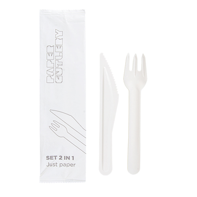 SET 2/1 FOURCHETTE, COUTEAU "PAPER CUTLERY"  15,8 CM BLANC PAPIER (100 UNITÉ)