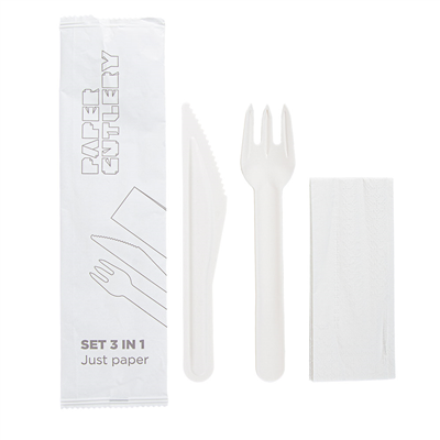 SET 3/1 FOURCHETTE, COUTEAU, SERVIETTE "PAPER CUTLERY"  15,8 CM BLANC PAPIER (100 UNITÉ)