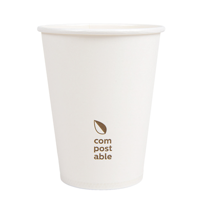 GOBELETS BOISSONS FROIDES ET CHAUDES 1 PAROI "COMPOSTABLE" 360 ML - 12 oz 300 G/M2 Ø9/6x11 CM BLANC CARTON (1000 UNITÉ)