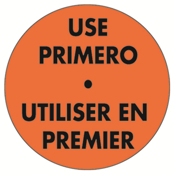 500 U. ÉTIQUETTES ADHÉSIVES "UTILISER EN PREMIER"  Ø 7,5 CM ORANGE ADHESIF (1 UNITÉ) - Garcia de Pou