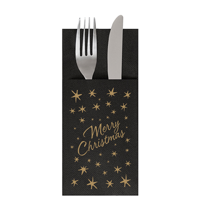 SERVIETTES KANGOUROU "DOUBLE POINT" ECOLABEL "MERRY CHRISTMAS" 18 G/M2 39x40 CM NOIR OUATE (1400 UNITÉ)