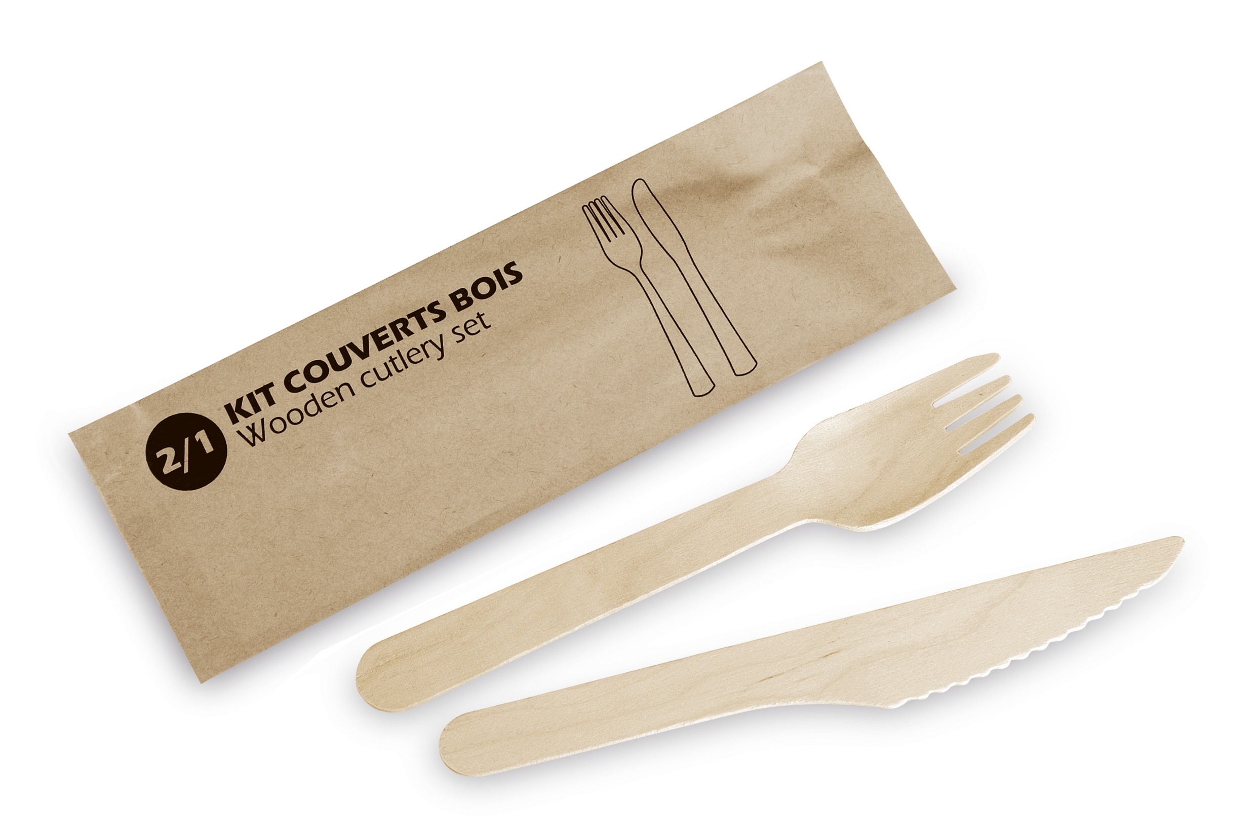 Kit couvert bois 4 en 1: couteau, fourchette, cuillère à dessert et  serviette blanche