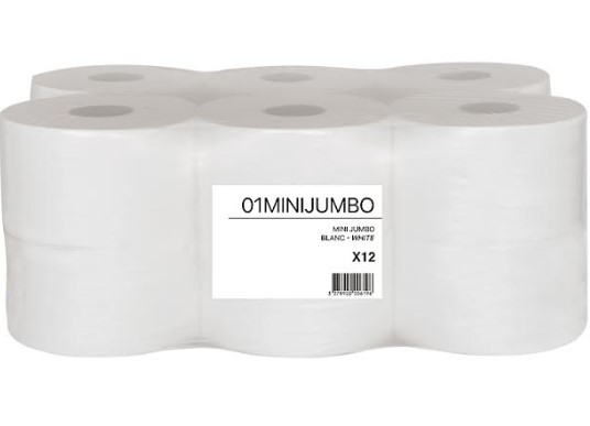 12 rouleaux MINIjumbo 2 plis Blanc micro-gaufré 