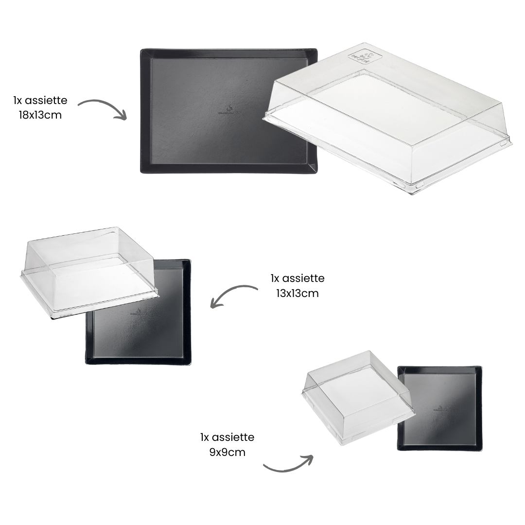 Kit 3 raviers quartz noires "SF" en pulpe de canne avec couv. pour 100 plateaux