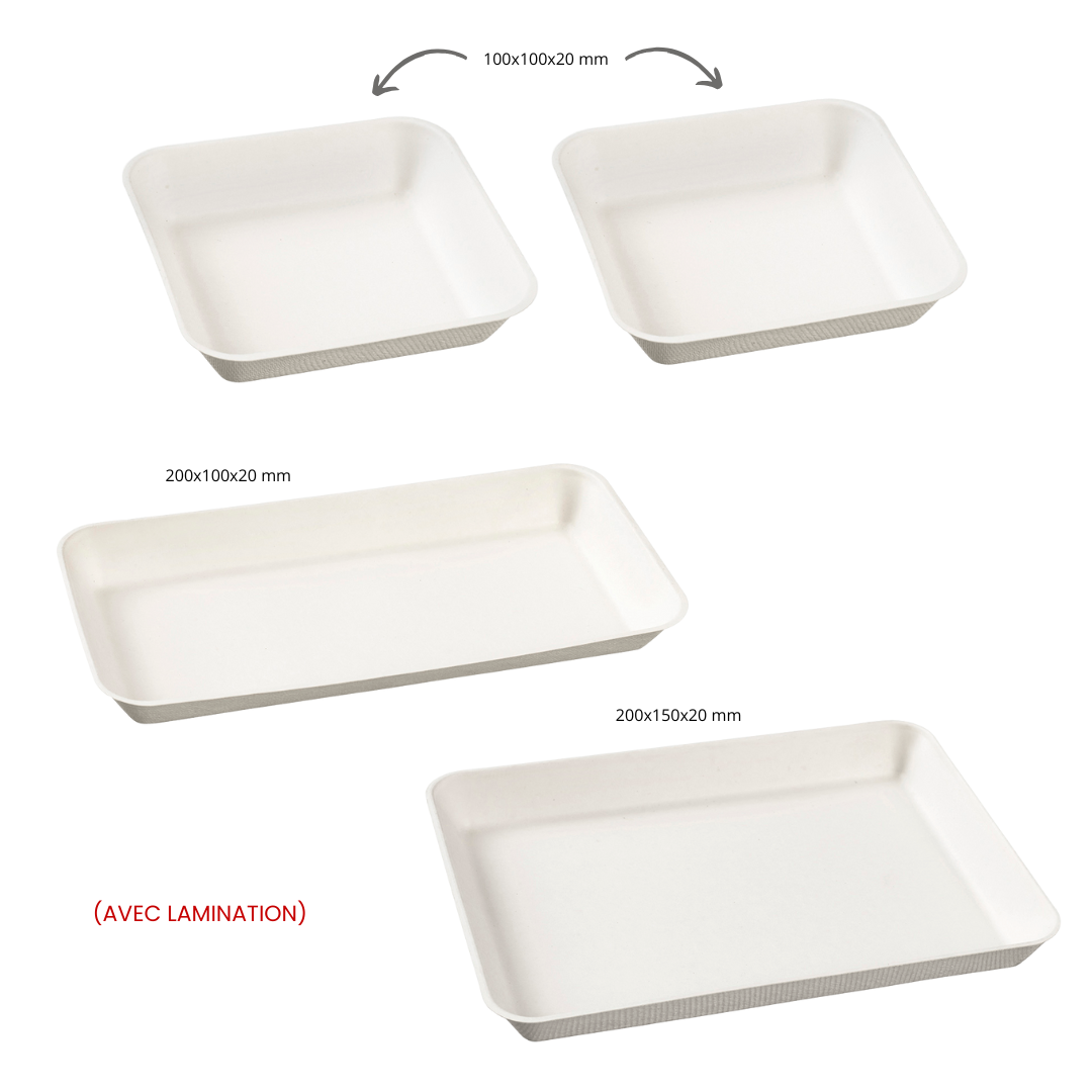 Kit 4 raviers kanopée blancs avec lamination "AF" en pulpe de canne pour 100 plateaux repas 