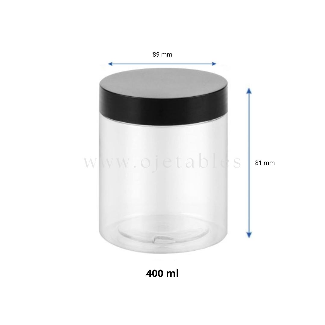 POT PET 400 ml A VIS + COUVERCLE NOIR  Ø 89 x 81