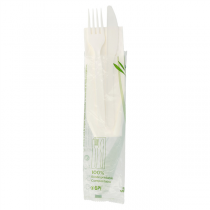 SACHETS 3/1 COUTEAU+FOURCHETTE+SERVIETTE  18 CM BLANC CPLA (500 UNITÉ) - Garcia de Pou