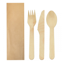 SET FOURCHETTE, COUTEAU, CUILLÈRE SOUS SACHETS KRAFT "MAKAN"  16 CM NATUREL BOIS (100 UNITÉ) - Garcia de Pou