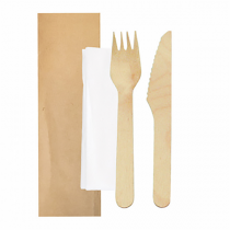 SET FOURCHETTE, COUTEAU, SERVIETTE SOUS SACHETS KRAFT "MAKAN"  16 CM NATUREL BOIS (100 UNITÉ) - Garcia de Pou