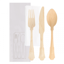 SET FOURCHETTE, COUTEAU, CUILLÈRE+SERVIETTE EMB. "CLASSIC"  20 CM NATUREL BOIS (100 UNITÉ) - Garcia de Pou