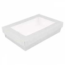 PETITES BOÎTES+COUVERCLES AVEC FÊNETRE "THEPACK" 1300 ML 250 G/M2 + 12PP + OPP 21x14x5 CM BLANC CARTON ONDULÉ NANO-MICRO (200 UNITÉ) - Garcia de Pou