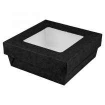 PETITES BOÎTES+COUVERCLES AVEC FÊNETRE "THEPACK" 500 ML 230 G/M2 + 12PP + OPP 12x12x5 CM NOIR CARTON ONDULÉ NANO-MICRO (250 UNITÉ) - Garcia de Pou