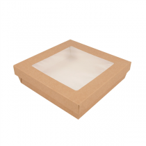 PETITES BOÎTES+COUVERCLES AVEC FÊNETRE "THEPACK" 1000 ML 240 G/M2 + 12PP + OPP 18,5x18,5x4 CM NATUREL CARTON ONDULÉ NANO-MICRO (200 UNITÉ) - Garcia de Pou