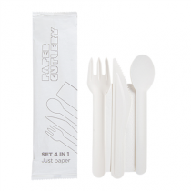 SET 4/1 FOURCHETTE, COUTEAU, CUILL&Egrave;RE, SERVIETTE "PAPER CUTLERY"  15,8 CM BLANC PAPIER (100 UNIT&Eacute;)