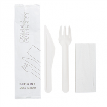 SET 3/1 FOURCHETTE, COUTEAU, SERVIETTE "PAPER CUTLERY"  15,8 CM BLANC PAPIER (100 UNIT&Eacute;)