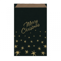 SACHETS PLATS "MERRY CHRISTMAS" 60 G/M2 26+9x38 CM NOIR/OR KRAFT VERG&Eacute; (250 UNIT&Eacute;)
