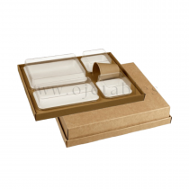 Kits Plateau repas biod&eacute;gradable kraft kanop&eacute;e avec assiettes blanches par 50u