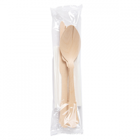 SET FOURCHETTE, COUTEAU, CUILLÈRE+SERVIETTE "CLASSIC"  20 CM NATUREL BOIS (100 UNITÉ) - Garcia de Pou