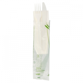 SACHETS 3/1 COUTEAU+FOURCHETTE+SERVIETTE  18 CM BLANC CPLA (500 UNITÉ) - Garcia de Pou