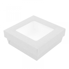 PETITES BOÎTES+COUVERCLES AVEC FÊNETRE 500 ML - 16,6 oz 300 + 18 PE G/M2 12x12x5 CM BLANC CARTON (250 UNITÉ)