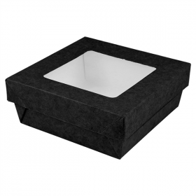 PETITES BOÎTES+COUVERCLES AVEC FÊNETRE "THEPACK" 500 ML 230 G/M2 + 12PP + OPP 12x12x5 CM NOIR CARTON ONDULÉ NANO-MICRO (250 UNITÉ) - Garcia de Pou