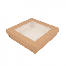 PETITES BOÎTES+COUVERCLES AVEC FÊNETRE "THEPACK" 1000 ML 240 G/M2 + 12PP + OPP 18,5x18,5x4 CM NATUREL CARTON ONDULÉ NANO-MICRO (200 UNITÉ) - Garcia de Pou