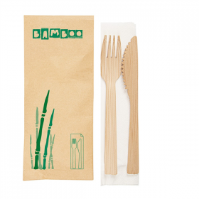 SET - FOURCHETTE, COUTEAU + SERVIETTE EN SACHET  17 CM NATUREL BAMBOU (50 UNITÉ)