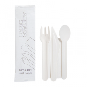 SET 4/1 FOURCHETTE, COUTEAU, CUILLÈRE, SERVIETTE "PAPER CUTLERY"  15,8 CM BLANC PAPIER (100 UNITÉ)