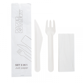 SET 3/1 FOURCHETTE, COUTEAU, SERVIETTE "PAPER CUTLERY"  15,8 CM BLANC PAPIER (100 UNITÉ)