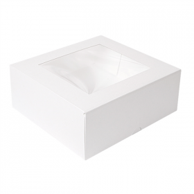 BOÎTES PATISSERIES AVEC FENÊTRE THEPACK "DECO"  21x21x7,5 CM BLANC CARTON NANO-MICRO + OPP (200 UNITÉ)