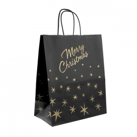 SACS SOS AVEC ANSES "MERRY CHRISTMAS"  80 G/M2 26+14x32 CM NOIR KRAFT (250 UNITÉ)