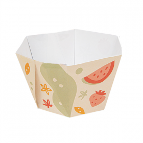 POTS À GLACE HEXAGONAUX THEPACK "FRUITS" 400 ML Ø12/8,5x6,5 CM BLANC CARTON NANO-MICRO + PP (2000 UNITÉ)