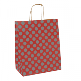 SACS SOS AVEC ANSES "POLKA DOTS" 80 G/M2 26+14x32 CM ROUGE/ARGENT KRAFT (250 UNITÉ)